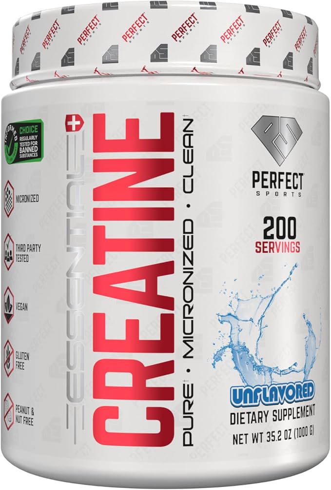 PERFECT SPORTS Essential Creatine | Pure Micronized Creatine Monohydrate | Vegan Friendly Gluten Free | Muscle Build &amp Performance | 200 Servings (Unflavored)