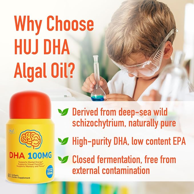 HUJ DHA 100mg - Kids DHA Supplemnent - Algal Oil - Contain DHA Phosphatidyserine &amp GABA - Supports Mental EnergyVisual FunctionMemory and Focus* - 60 Softgels