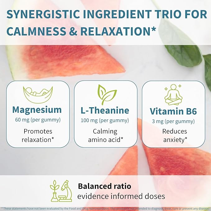Igennus High Potency Calm Magnesium Gummies 60mg L-Theanine 100mg &amp Vitamin B6 3mg Daily Stress Support for Kids &amp Adults Clean Ingredients &amp Vegan Sugar-Free Watermelon Flavor 45-90