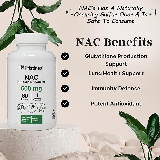 PRISTINE'S N-Acetyl L-Cysteine (NAC) 600MG (2 Pack) Immunity Support Supplement - 120-Day Supply - Potent Lung &amp Liver Antioxidant Supplement Capsules - Mood Support - Vegan Glutern Free Non GMO