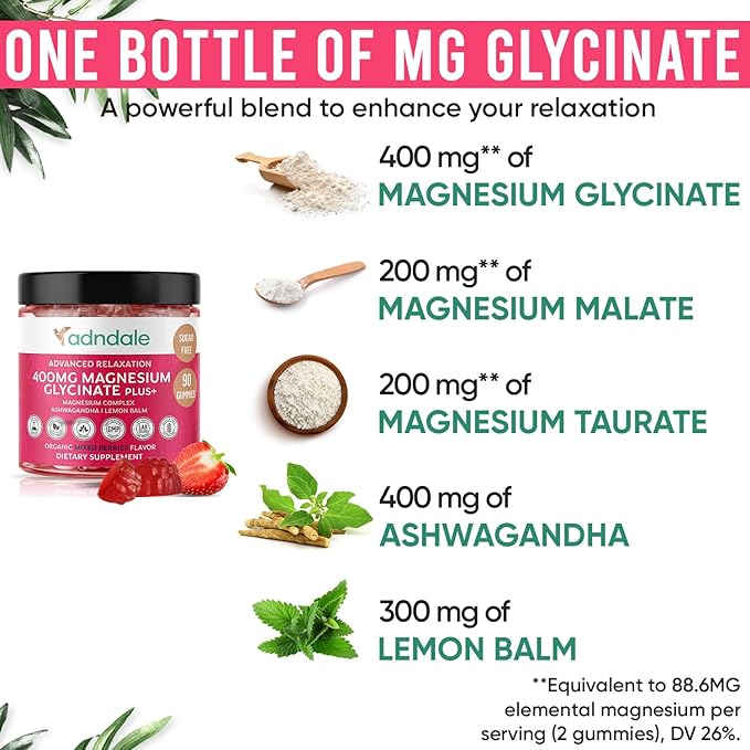 Adndale 180 CT Magnesium Glycinate Gummies 400 mg/Serv with Ashwagandha Magnesium Malate &amp Taurate Sugar Free Chews for Adults &amp Kids