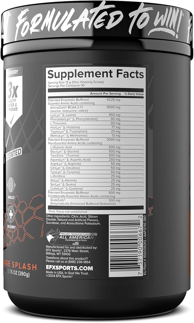 EFX Sports Aminozorb Elite 21 | PH-Correct Full Spectrum Aminos + Glutamine | Essential &amp Non Essential Aminos | Zero Sugars | 30 Servings (Orange Splash)