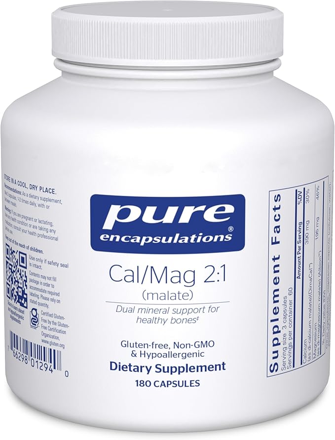 Pure Encapsulations Cal/Mag (Malate) 2:1 - Calcium &amp Magnesium (Malate) - Bone Health Supplement* - Optimal Absorption - Vegan &amp Gluten Free - 180 Capsules