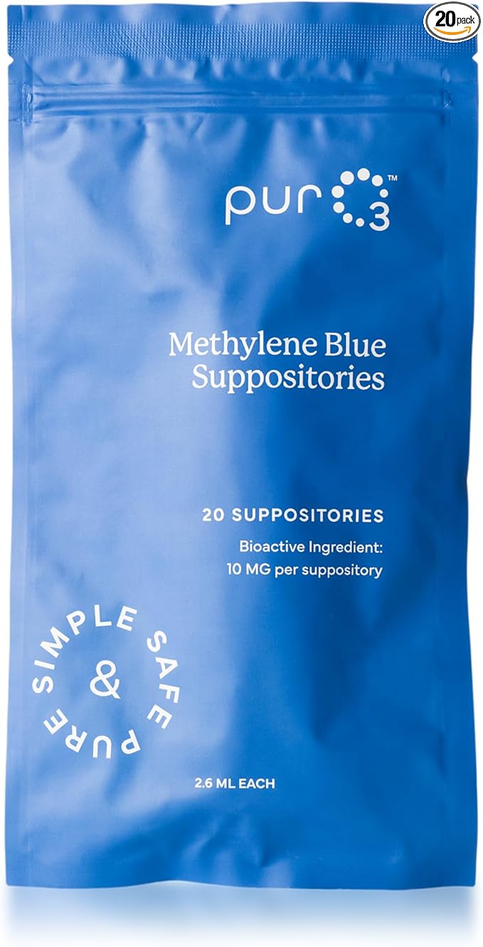 PurO3 Methylene Blue Suppositories – USP Grade Antioxidant Support for Focus Energy Cognition &amp Cellular Health Pure &amp Clean Vegan Formulation Made in The USA 20 Count