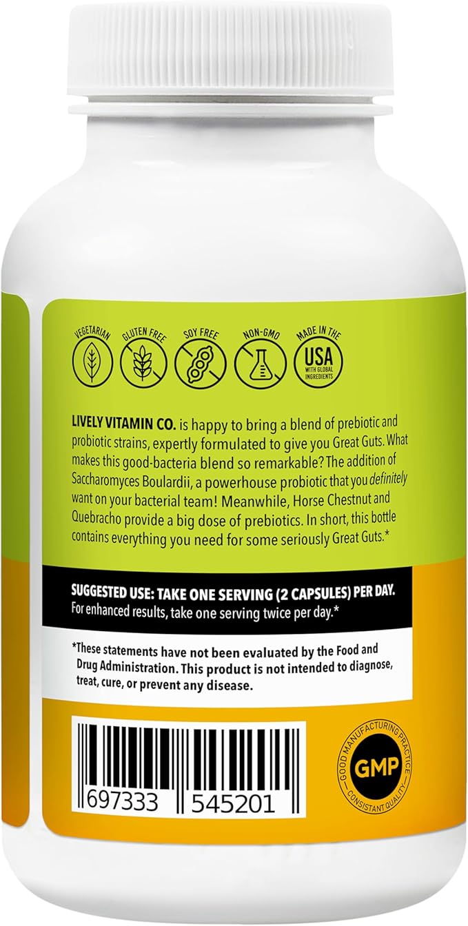 LIVELY VITAMIN CO. Great Guts Probiotic - 100 Billion CFU Probiotic - Balance Gut Microbiome GI Tract Inflammation Indigestion Reflux Upset Stomach &amp Diarrhea - 60 Caps