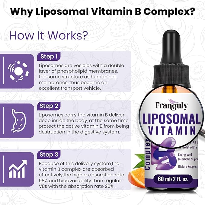 Liposomal Vitamin B Complex Liquid Sublingual B Complex Vitamins Supplement for Women Men Improved Absorption Methylated B12B1 B2 B3 B5 B6FolateBiotin for Energy And Immune Support-4.0 oz