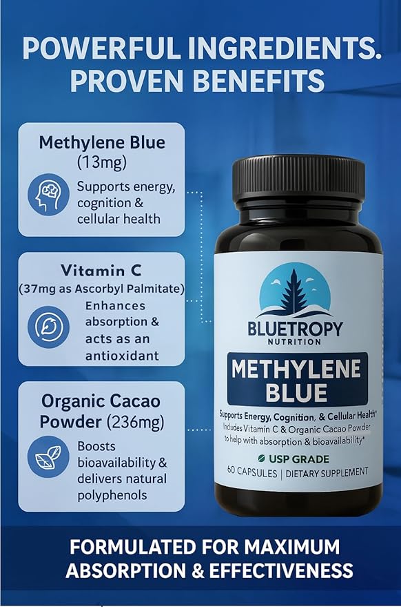 Methylene Blue Capsules to Support Brain Function Mental Clarity and Cellular Health | Premium Pharmaceutical Grade | Manufactured in FDA Registered USA Facility | Purity Tested