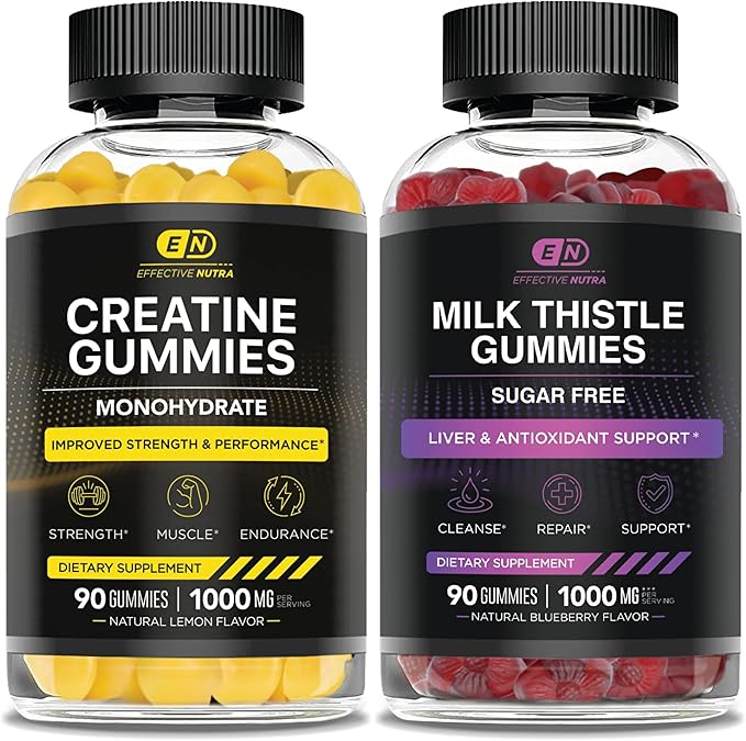 EFFECTIVE NUTRA Creatine Monohydrate Gummies 90ct &amp Sugar Free Milk Thistle Gummies 90ct