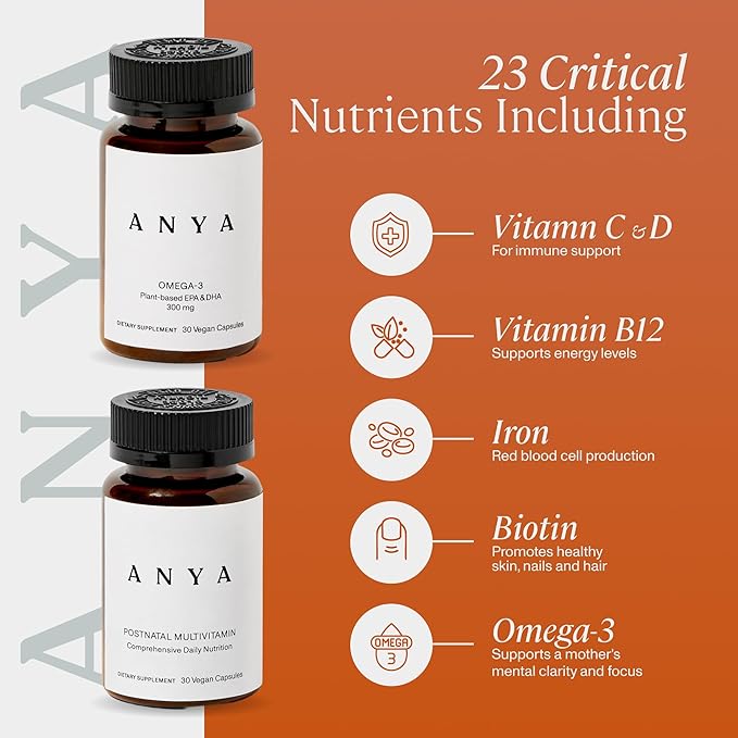 ANYA Postnatal Vitamin Bundle – Postpartum Multivitamin with Vitamins C D B12 Zinc &amp Omega-3 with DHA and EPA Supplement for Breastfeeding Lactation and Hair Loss – Vegan Non-GMO Gluten-Fre