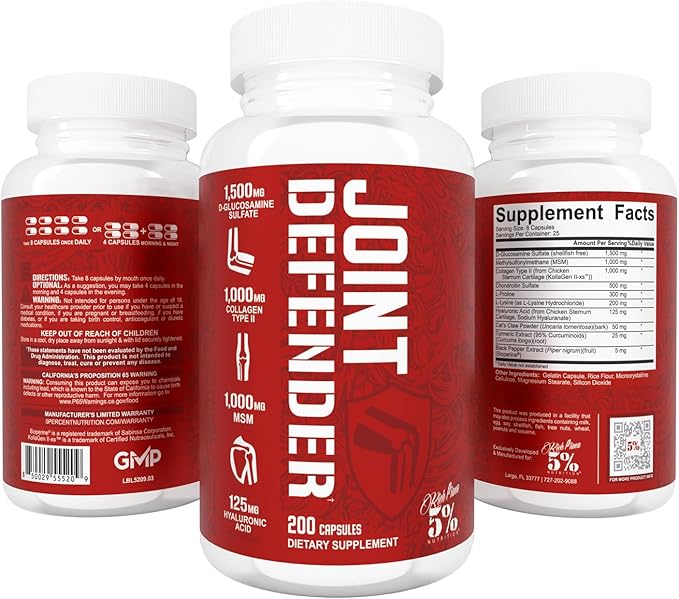 5% Nutrition Rich Piana Joint Defender Maximum Joint Support Supplement | Collagen Glucosamine Chondroitin Turmeric Curcumin with Black Pepper MSM Hyaluronic Acid | 200 Capsules 25 Servings