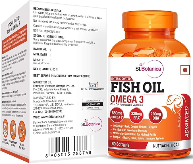 St.Botanica Fish Oil 1000 mg (Double Strength) with 600 mg Omega 3 (330mg EPA 220mg DHA) - 60 Softgels