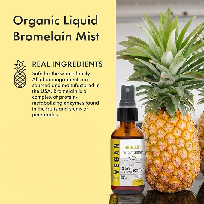 Organic Raw Bromelain Mist-Liquid Pineapple Extract - Enhanced Potency 500mg for Kids &amp Adults - Non-GMO - 60ml 120 Day Supply