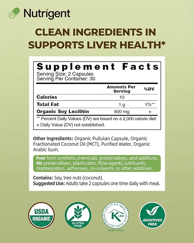USDA Organic Soy Lecithin Supplement 800 mg High Absorption Liquid Organic Capsules Choline Lecithin Supplement for Brain &amp Liver Health Support Non-GMO Gluten Free 60 Count