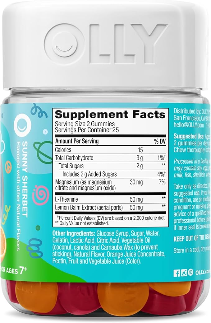 OLLY Kids Chillax Gummies Magnesium L-Theanine Lemon Balm Chewable Supplement Sherbet Flavor