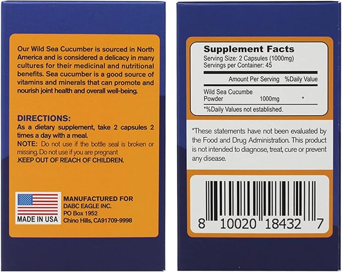 Sea Cucumber Wild Caught Capsules Sea Cucumber Natural Extract Supplement Super Natural Antioxidant Immune Builder Promoting Joint Health &amp Mobility - 90 Capsules 500mg