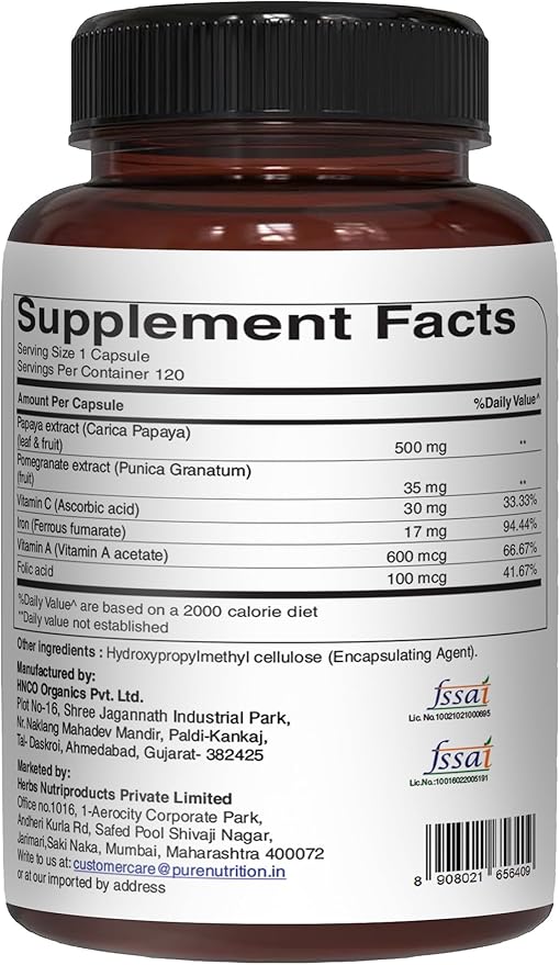 Pure Nutrition Papaya Complete | 120 Caps | Carica Papaya Leaf Extract with Iron VIT C VIT A &amp Folic Acid | Supports Platelet Immunity &amp Digestion Non-GMO | Gluten-Free