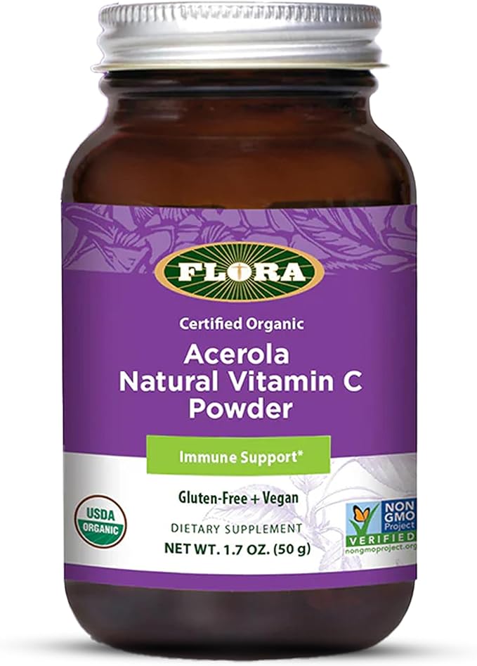 Flora Acerola Powder - Vitamin C &amp Antioxidants - Immune Support Supplement - Organic Non-GMO &amp Vegan - 1.7 oz. Glass Bottle