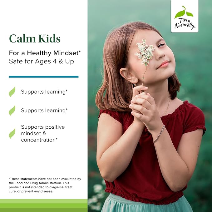 Terry Naturally Calm Kids - Calm Child Supplement - Brain Health for Focus Memory &amp Concentration - Attention Supplement for Kids - Support Learning &amp Concentration - 60 Capsules