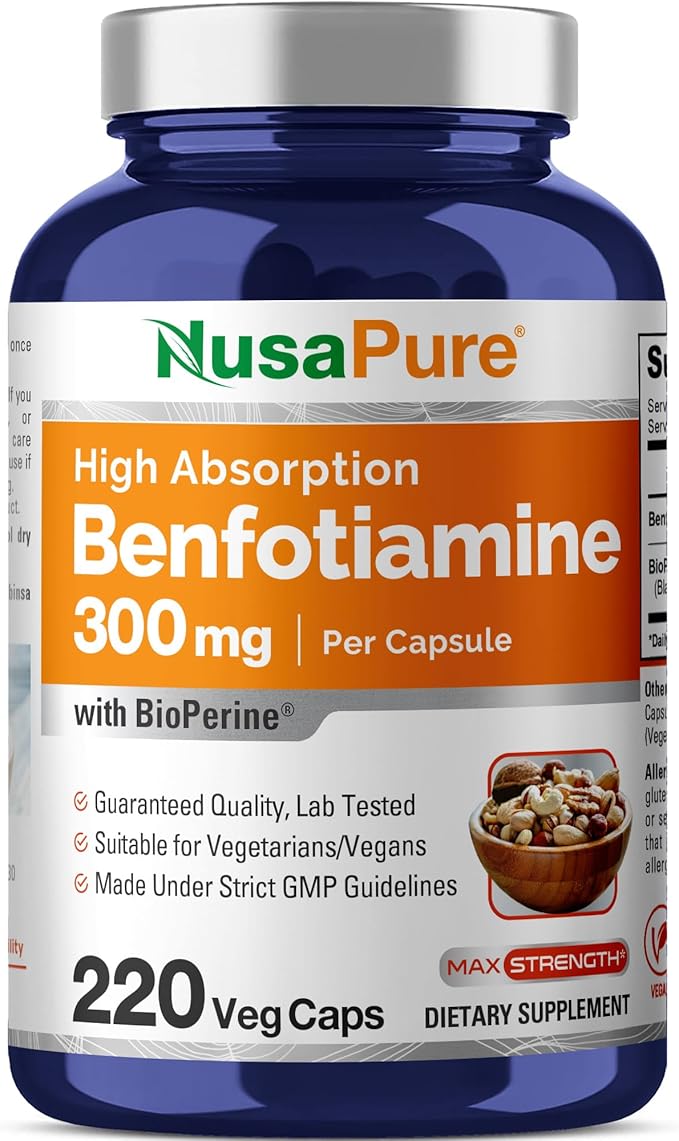 NusaPure Benfotiamine 300mg Per Veggie Caps 220 Count (Non-GMO Vegan) Bioperine