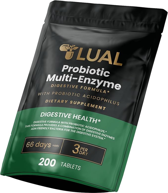 LUAL Probiotic Multi-Enzyme for Digestive Health. Probiotic + Digestive Enzymes for Women &amp Men. Lactobacillus Acidophilus Bromelain Papain | 200 Tablets – 66 Days Supply
