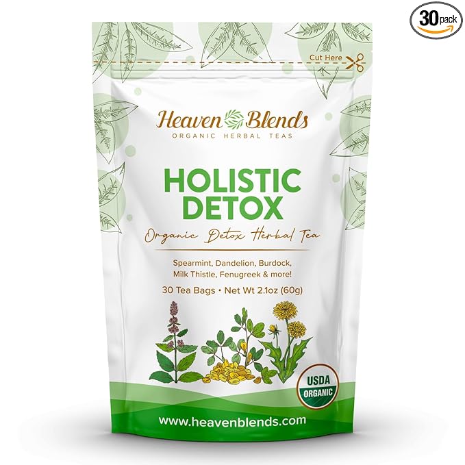 Heaven Blends Organic Holistic Detox Tea – Spearmint Dandelion Burdock Milk Thistle Seed Fenugreek &amp Yellowdock Root – sugar free caffeine free and gluten free. 30 Sachet
