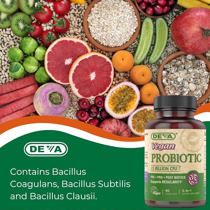 DEVA Vegan Probiotic Supplement - Pre Pro and Postbiotics for Digestive Health 5 Billion CFU Soil-Based Spore-Forming Dairy Free FOS Prebiotics for Women and Men Vegan Capsules 90 Count