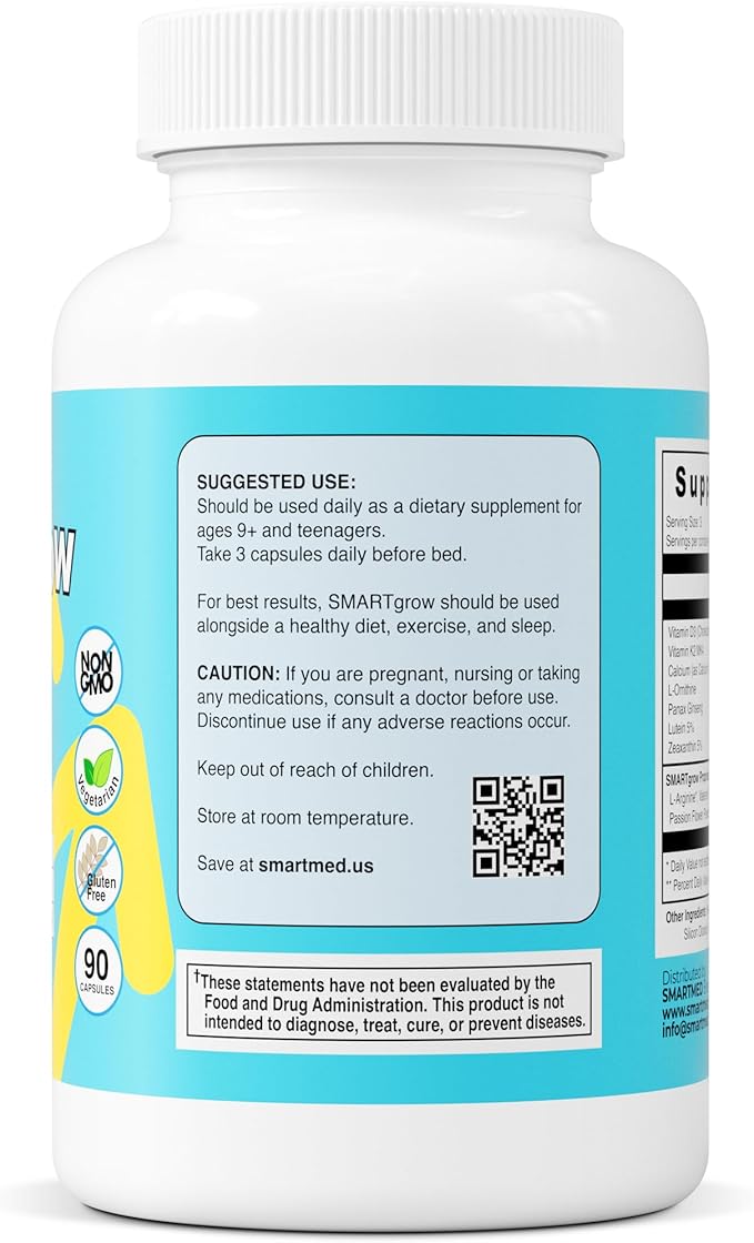 SmartGrow Premium Growth Formula for Teens – Bone Brain Sleep &amp Eye Support – Calcium Vitamin D3 Amino Acids – Daily Wellness Supplement (180 Capsules) – 3 Month Supply