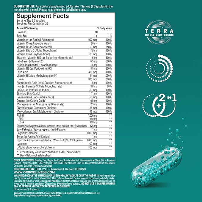 ORB Men’S MULTIVITAMIN + Fish Oil – A Complete Multi + Fish Oil |Heart Health Support Antioxidant Support Supports a Positive Mood 21 Essential Vitamins – 60 Count