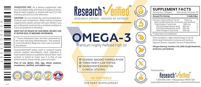 Research Verified Omega 3-1800mg Omega 3 Fish Oil - High 900mg EPA + 600mg DHA - No Aftertaste - 60 Softgel Capsules - 3 Bottles
