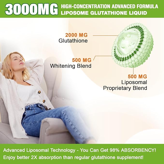 2 Pack 3000mg Liposomal Glutathione Liquid Drops 98% Absorption Liposomal Glutathione with Vitamin C for Women Glutathione Liposomal Supplement Powerful Antioxidant Complex for Immune System Liver