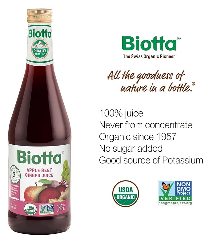 Biotta Organic Apple Beet Ginger Juice - Superfood Blend with Organic Beetroot Juice Apple and Ginger Root (16.9 Fl Oz Pk of 6)