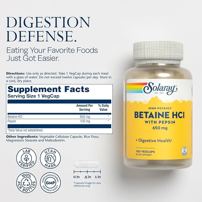 SOLARAY Bean Enzyme and Betaine HCl with Pepsin - Digestive Health Bundle - with Alpha Galactosidase Hydrochloric Acid and Pepsin Digestive Enzymes - Digestion Nutrient Absorption Support 60/100ct