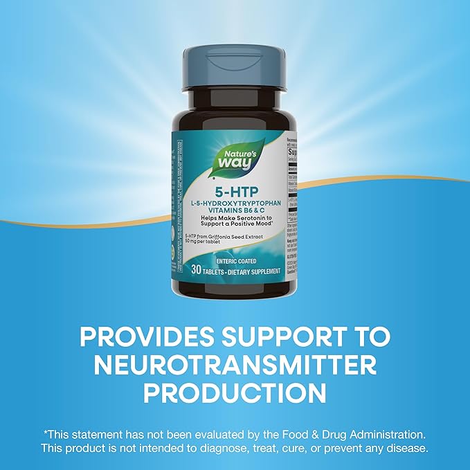 Nature's Way 5-HTP L-5-Hydroxytryptophan Helps Make Serotonin to Promote a Positive Outlook* Vitamin B6 Vitamin C Griffonia Bean Extract 30 Tablets (Packaging May Vary) - 2 Pack