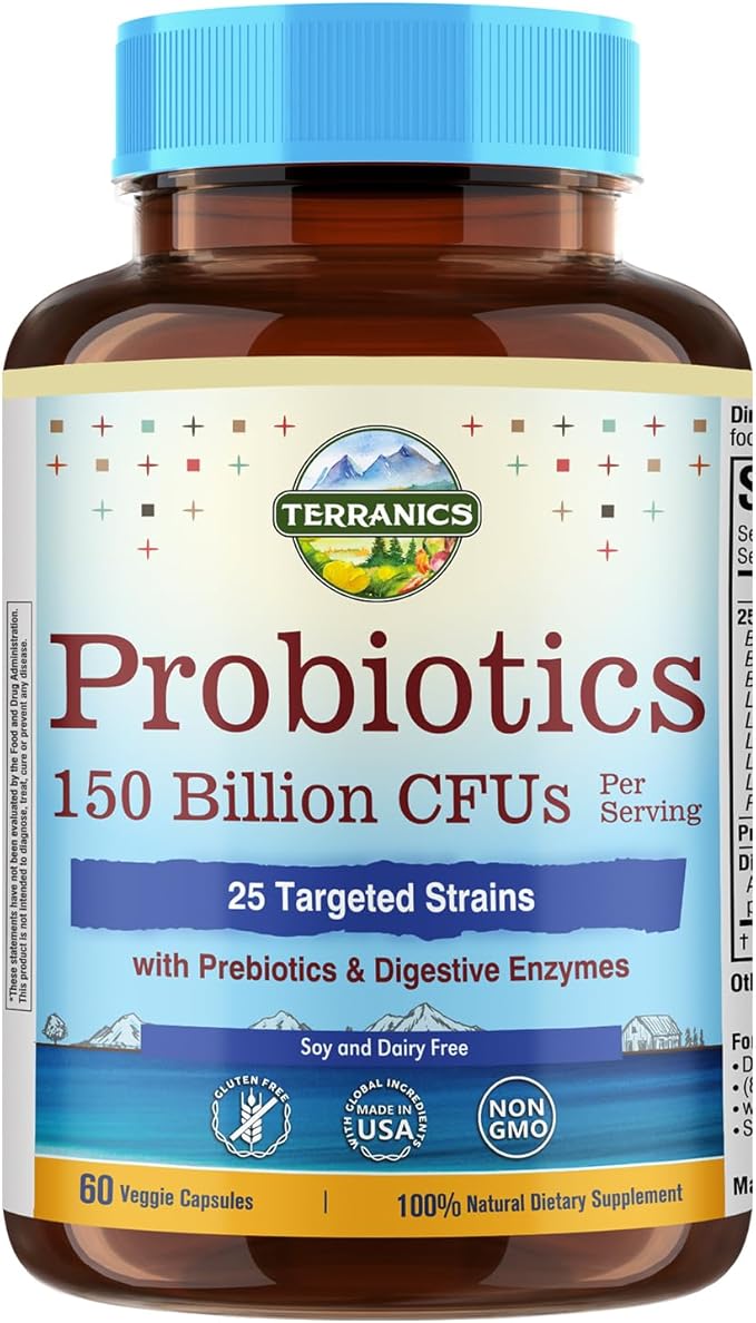 Terranics Daily Probiotics for Men &amp Women 150 Billion 25 Strains Probiotics with Prebiotics &amp Enzymes Delayed Release Shelf Stable 60 Veggie Caps