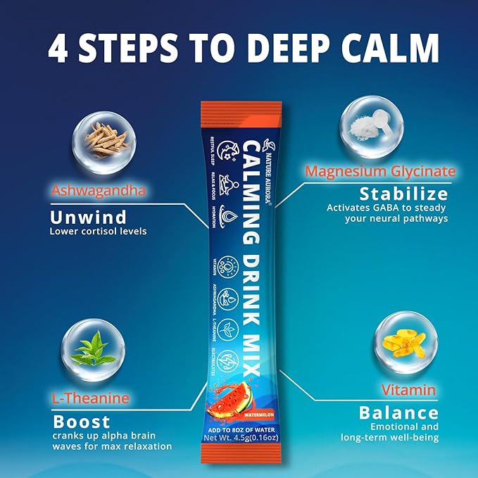 Cortisol Powdered Drink Mix Calm Adaptogenic Drink Mix with Magnesium Glycinate L-Theanine Ashwagandha Mushroom &amp Vitamin Magnesium Powder for Sleep &amp Stress Relief Watermelon Flavor 30