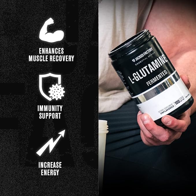Jacked Factory L-Glutamine Powder 100 Servings - Vegan Fermented L Glutamine Supplement for Post Workout Muscle Recovery Immunity Digestive Health | No Artificial Filler - Unflavored