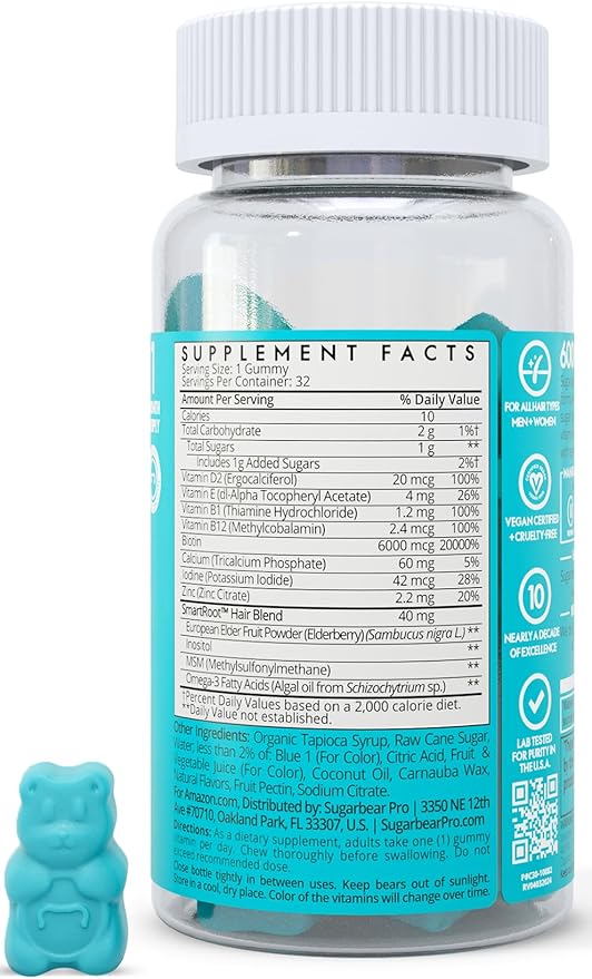 SugarBearPro Hair Vitamin Gummy 1 Month Supply Extra Strength Biotin 6000mcg for Hair Growth Vegan Vitamin B12 MSM Inositol Omega 3 Elderberry Certified Kosher Halal Cruelty-Free