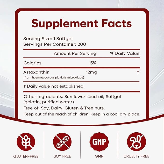Rovina Astaxanthin 12mg Softgels - Premium Astaxanthin from Microalgae Triple Strength Immune Support - Non-GMO &amp Gluten Free 200 Softgels (1)