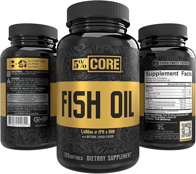 5% Nutrition Core Fish Oil Supplement | 2500 mg EPA DHA Omega 3 Fatty Acid Supplement | Burpless Fish Oil for Faster Recovery Joint Support Heart Health (60 Servings / 120 Softgels)