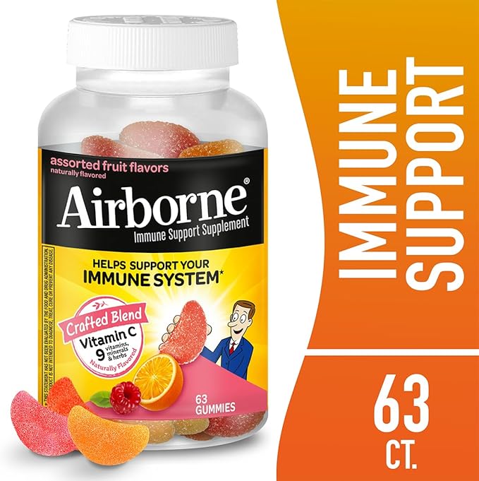 Airborne 750mg Vitamin C Immune Support Supplement Gummies for Adults Assorted Fruit Flavor Gluten Free Crafted Blend with Powerful Antioxidants Vitamins A C &amp E 63 Gummies (3 Pack)