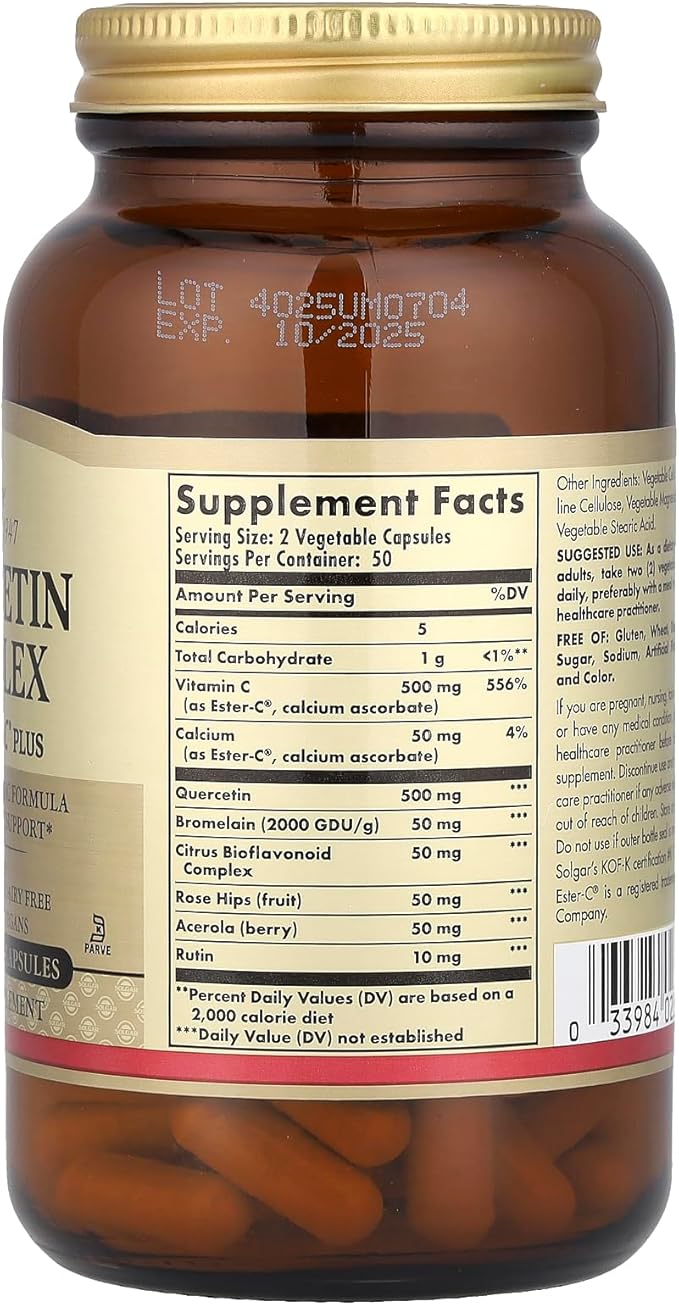 Solgar Quercetin Complex with Ester-C Plus 100 Vegetable Capsules - Supports Immune Health Antioxidant - Gentle on The Stomach Vitamin C - Non-GMO Vegan Gluten/Dairy Free - 50 Servings