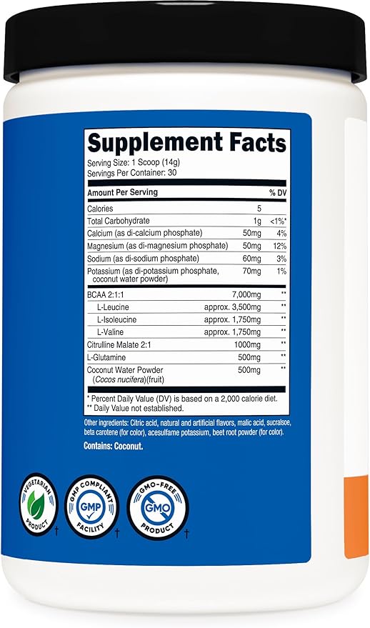 Nutricost BCAA + Hydration Powder (Peach Rings) 30 Servings - Branched Chain Amino Acids with Hydration Complex - Gluten-Free Non-GMO