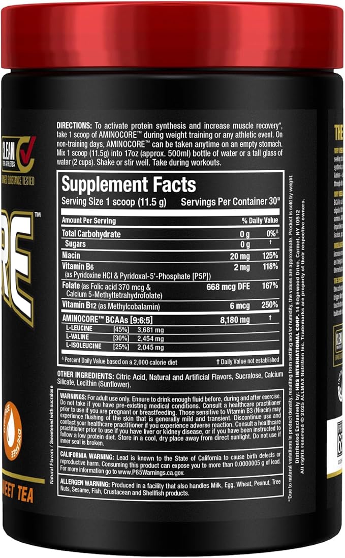 ALLMAX AMINOCORE BCAA Powder for Workout Muscle Recovery &amp Increased Endurance - Sugar Free No Fillers 8.18 Grams Bcaas Amino Acids B Vitamins for Women and Men - 30 Servings | Sweet Tea 345g
