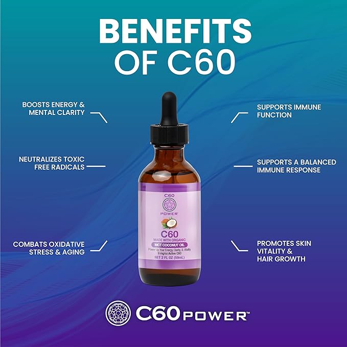 C60 Power C60 in Organic MCT Coconut Oil - Natural Wellness &amp Antioxidant Support for Men &amp Women 99.99% Pure Carbon Fullerenes Promotes Energy Mental Clarity &amp Stamina - 2 fl oz Bottl