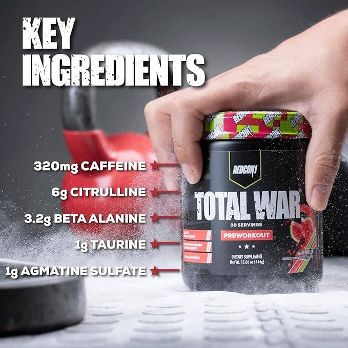 REDCON1 Total War Pre Workout Green Apple - Fast Acting Caffeinated Preworkout for Men + Women with Beta Alanine - Contains Citrulline Malate for Increased Pump Blood Flow (30 Servings)