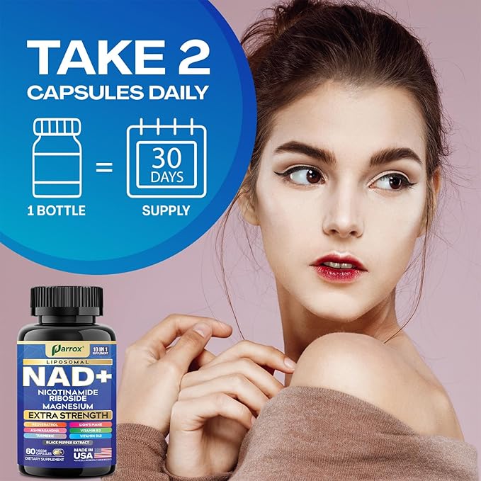 NAD+ Supplement with Liposomal NAD+ Nicotinamide Riboside Magnesium Vitamin B3 &amp B12 Resveratrol Turmeric Ashwagandha Lion’s Mane10-in-1 Extra Strength