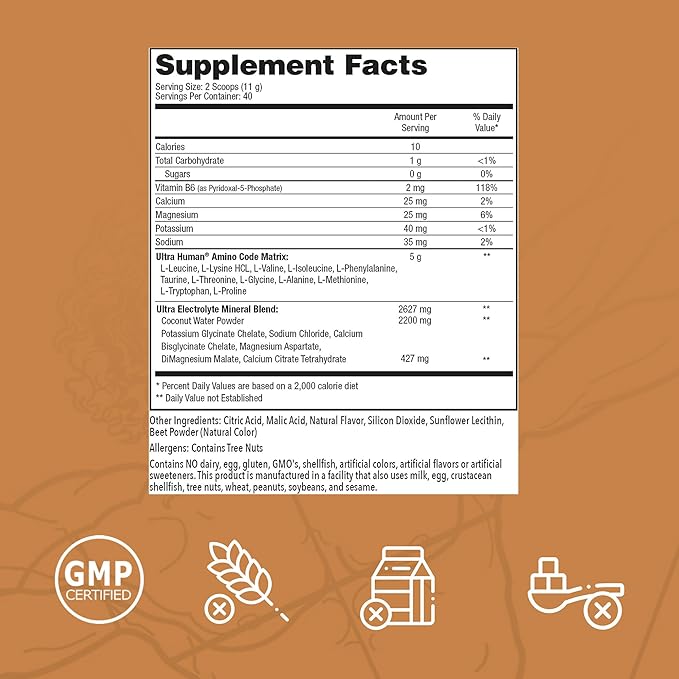 Ultra Human Amino Code | Essential Amino Acids + BCAAs + Coconut Water Electrolytes | Fast Hydration Workout Recovery Flavored Amino Energy Powder Drink | Clean Formula 40 Servings - Crushed Orange