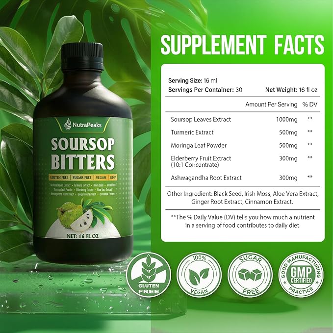 Soursop Bitters Liquid – Herbal Detox Formula with Soursop Turmeric Moringa &amp Black Seed by NutraPeaks – Supports Immune Health &amp Digestive Balance – 16 fl oz