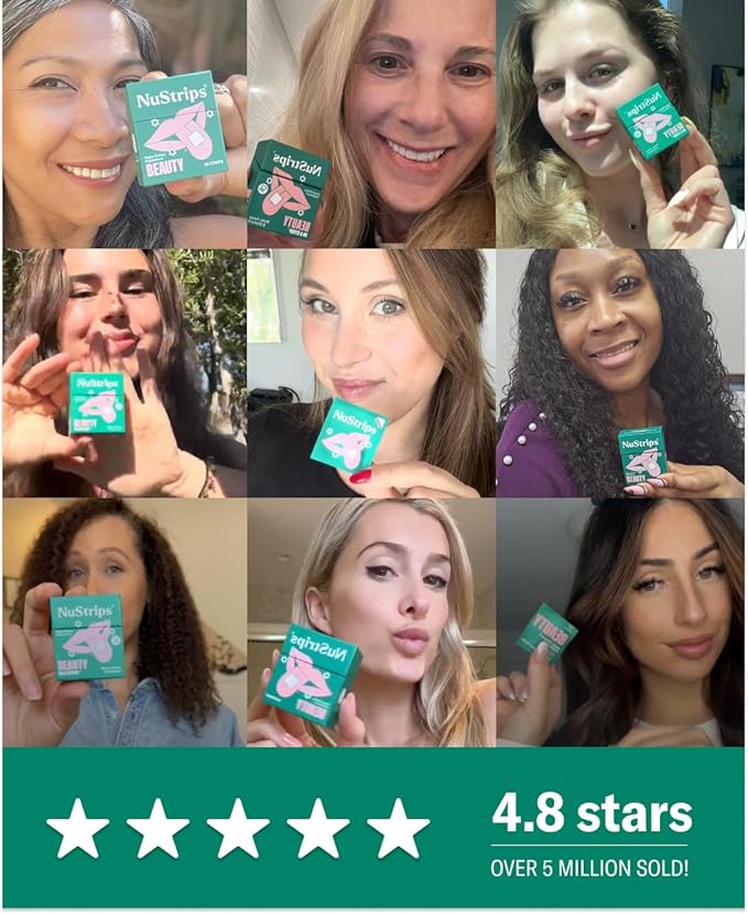 NuStrips™ Fast-Dissolving Beauty Strips with Biotin Folate &amp Vitamin E – Hair Skin &amp Nails Supplement – Supports Hair Growth &amp Reduces Hair Fall – Non-GMO Vegan – Delicious Strawberry (