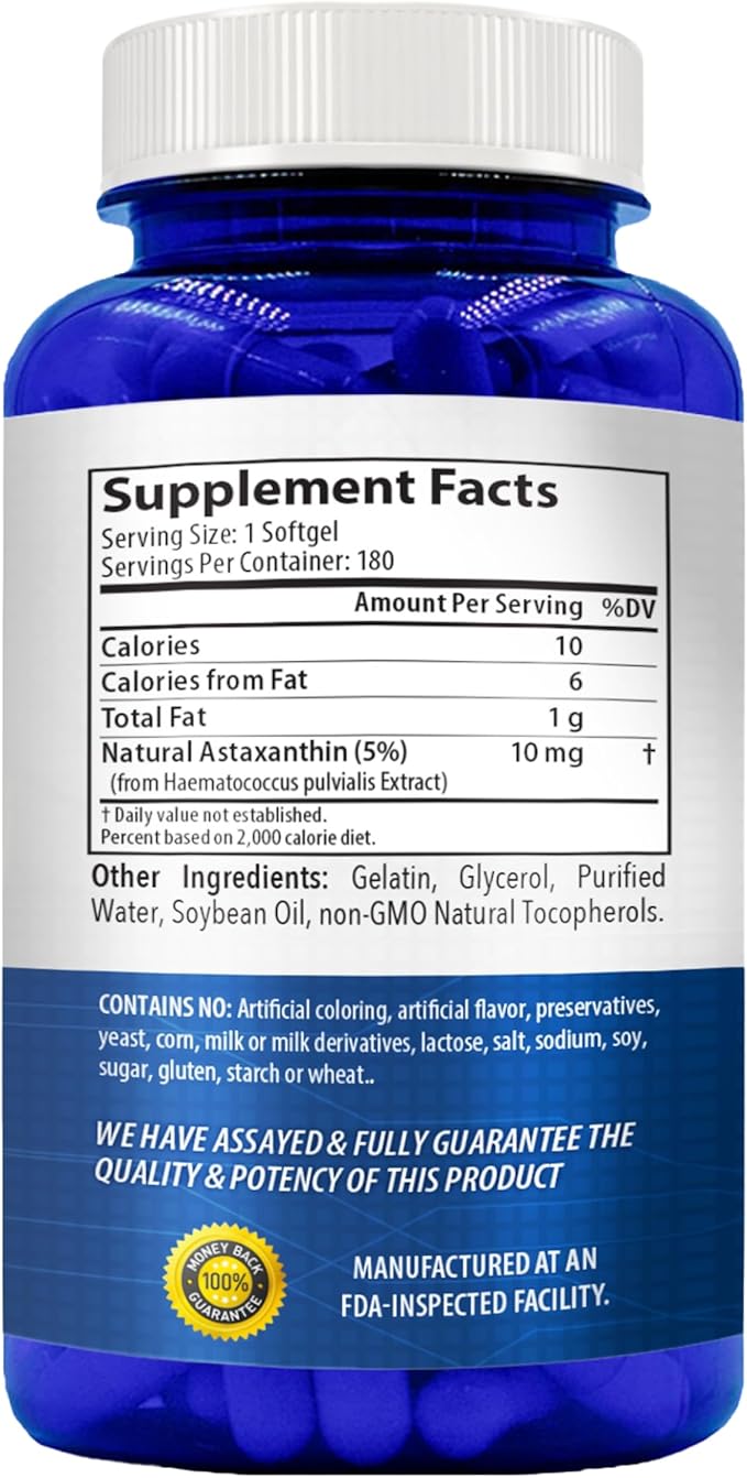 Astaxanthin Supplement for Men and Women | Antioxidant &amp Carotenoid Rich Astaxanthin 10mg From Haematococcus Pluvialis Microalgae for Eye &amp Skin Health Support (180 Day Supply) Packaging May V